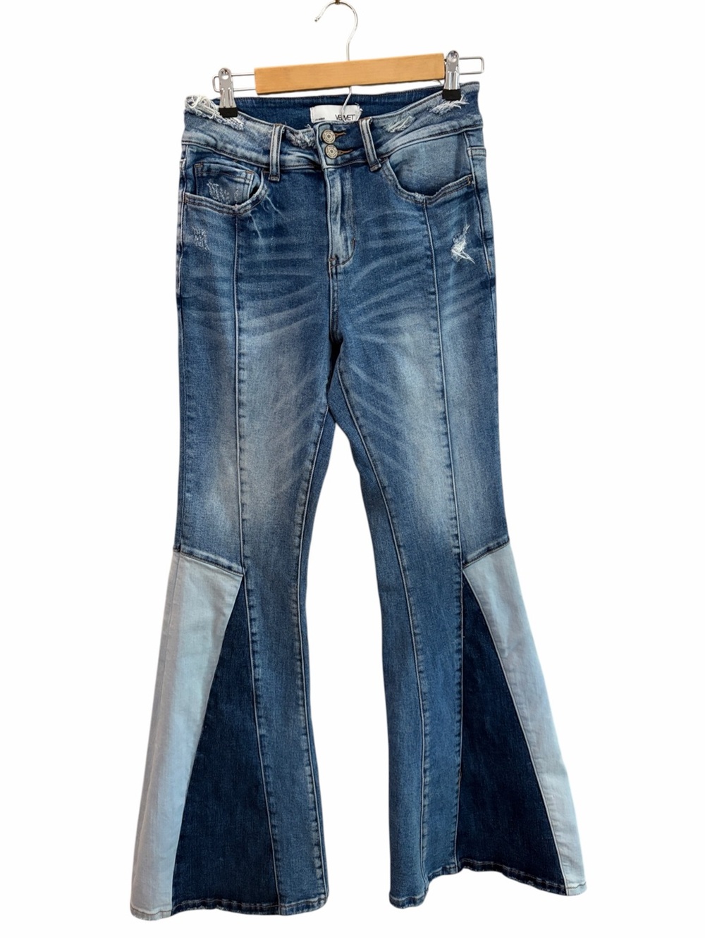 Vervet Cowgirl Rodeo Distressed Patchwork Blue Flare Jeans Size 28 FLAW